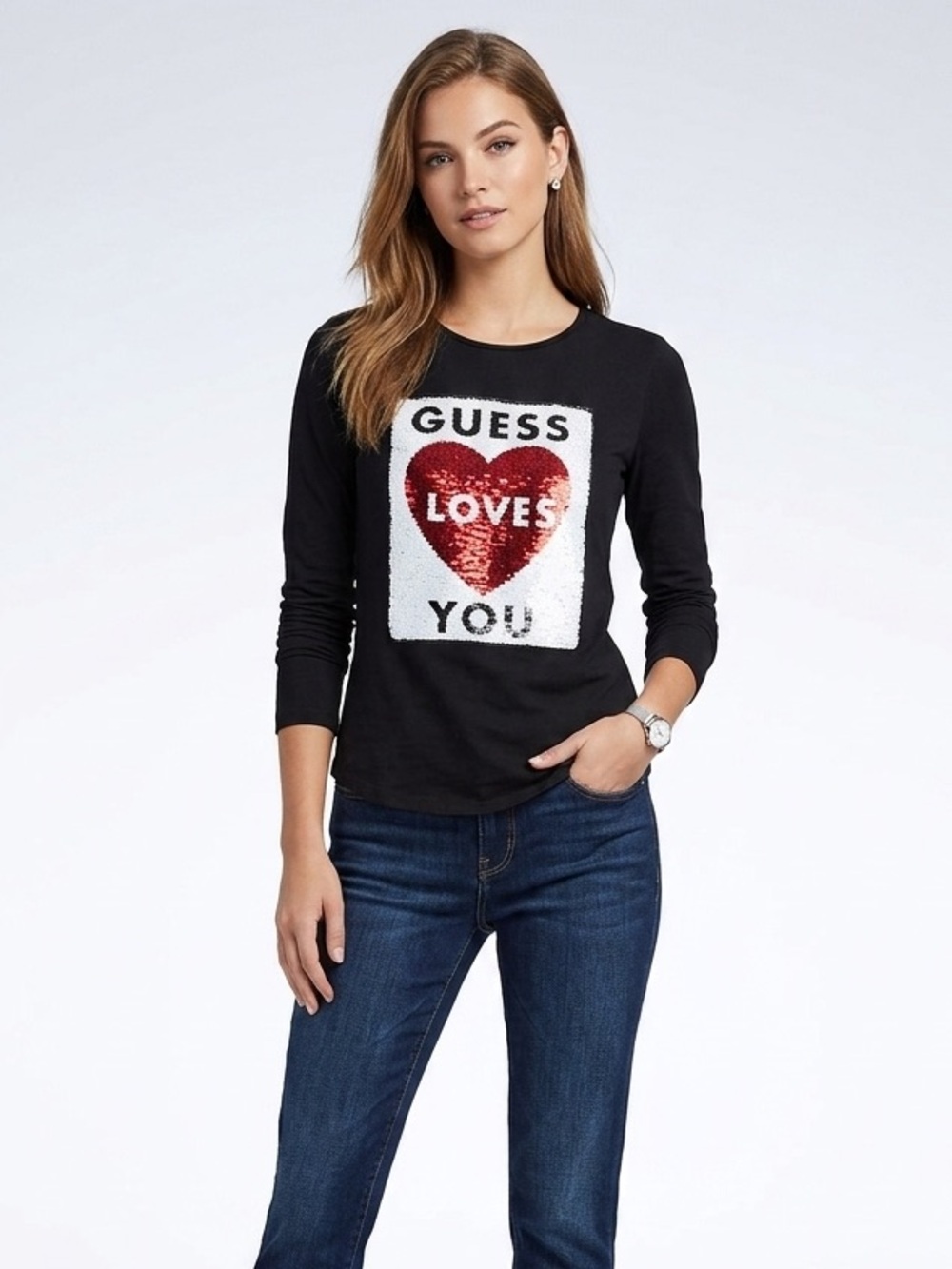 Guess Organic Cotton Black Sequins Long Sleeve Crewneck Top